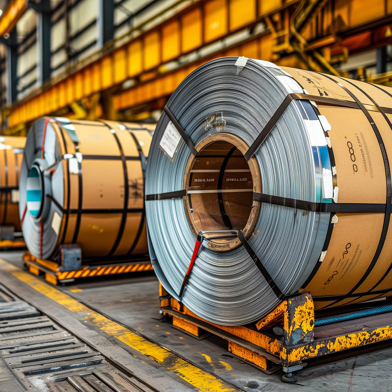 a large stack of rolled steel in a warehouse